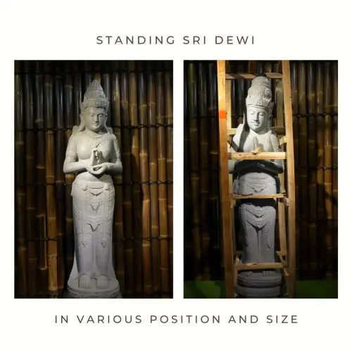 Product image of the product “Standing Sri Dewi, Folded hands and Turning the wheels models, sizes 160cm and 175cm, Natural finish ”